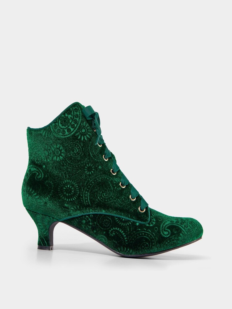 Joe Browns Green Paisley Embossed Velvet Ankle Boots with Ribbon Laces - Image 1 of 4