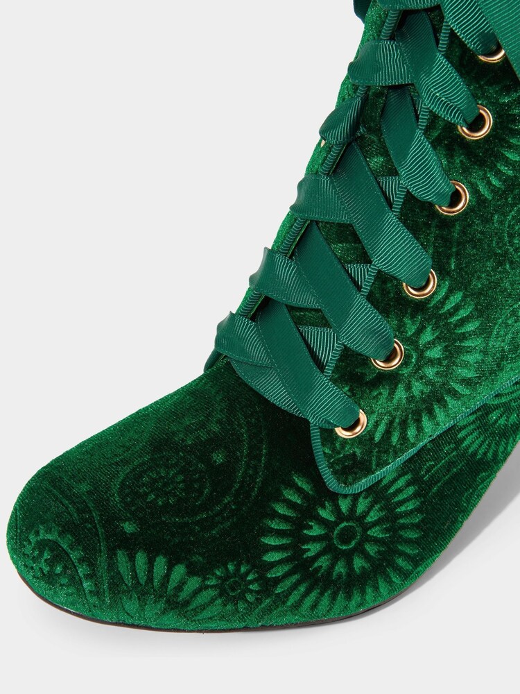 Joe Browns Green Paisley Embossed Velvet Ankle Boots with Ribbon Laces - Image 4 of 4