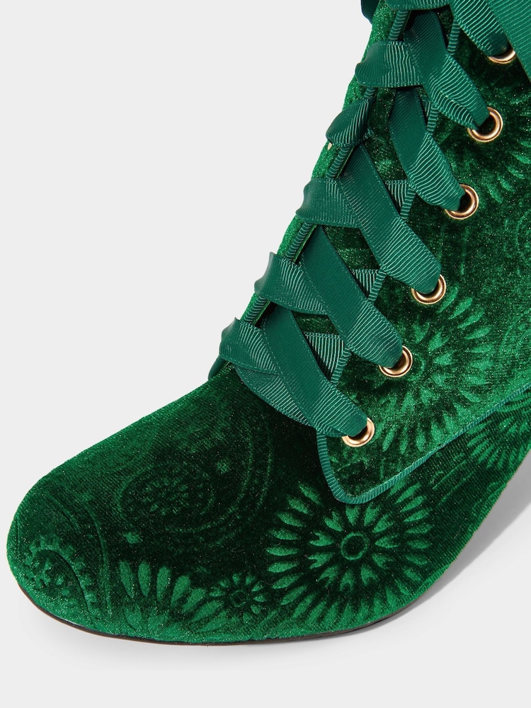 Joe Browns Green Paisley Embossed Velvet Ankle Boots with Ribbon Laces - Image 4 of 4 Joe Browns Green Paisley Embossed Velvet Ankle Boots with Ribbon Laces - Image 4 of 4