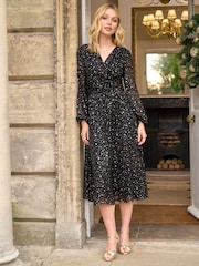 Joe Browns Black Festive Star Print Wrap Front Midi Dress - Image 1 of 7