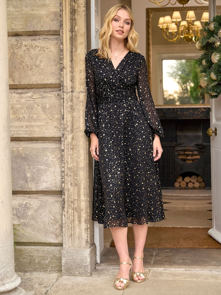Joe Browns Black Festive Star Print Wrap Front Midi Dress - Image 1 of 7