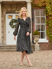 Joe Browns Black Festive Star Print Wrap Front Midi Dress - Image 2 of 7