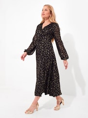 Joe Browns Black Festive Star Print Wrap Front Midi Dress - Image 3 of 7
