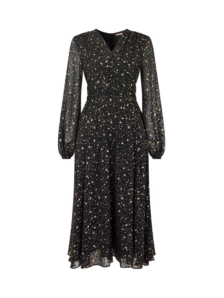 Joe Browns Black Festive Star Print Wrap Front Midi Dress - Image 7 of 7