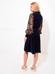 Joe Browns Blue Contrast Embroidered Sleeve Stretch Velour Knee-Length Dress with Keyhole Neckline - Image 5 of 7