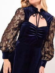 Joe Browns Blue Contrast Embroidered Sleeve Stretch Velour Knee-Length Dress with Keyhole Neckline - Image 6 of 7