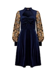 Joe Browns Blue Contrast Embroidered Sleeve Stretch Velour Knee-Length Dress with Keyhole Neckline - Image 7 of 7