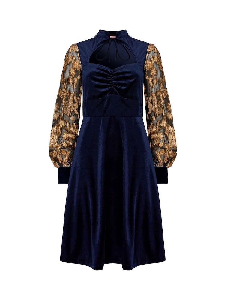 Joe Browns Blue Contrast Embroidered Sleeve Stretch Velour Knee-Length Dress with Keyhole Neckline - Image 7 of 7