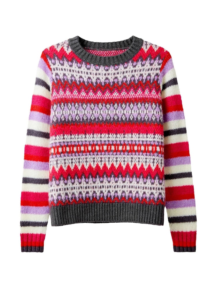 Joe Browns Pink Contrast Striped Sleeve Colourblocked Fairisle Pattern Jumper - Image 7 of 7