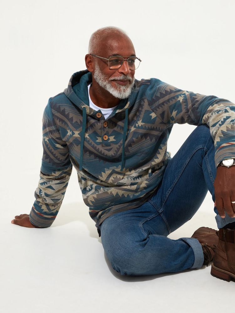 Joe Browns Blue Unique Artisan Printed Button Up Woven 100% Cotton Hoodie - Image 1 of 5