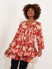 Joe Browns Orange Fiery Floral Tiered Hem Plissé V-Neck Tunic Mini Dress - Image 2 of 7