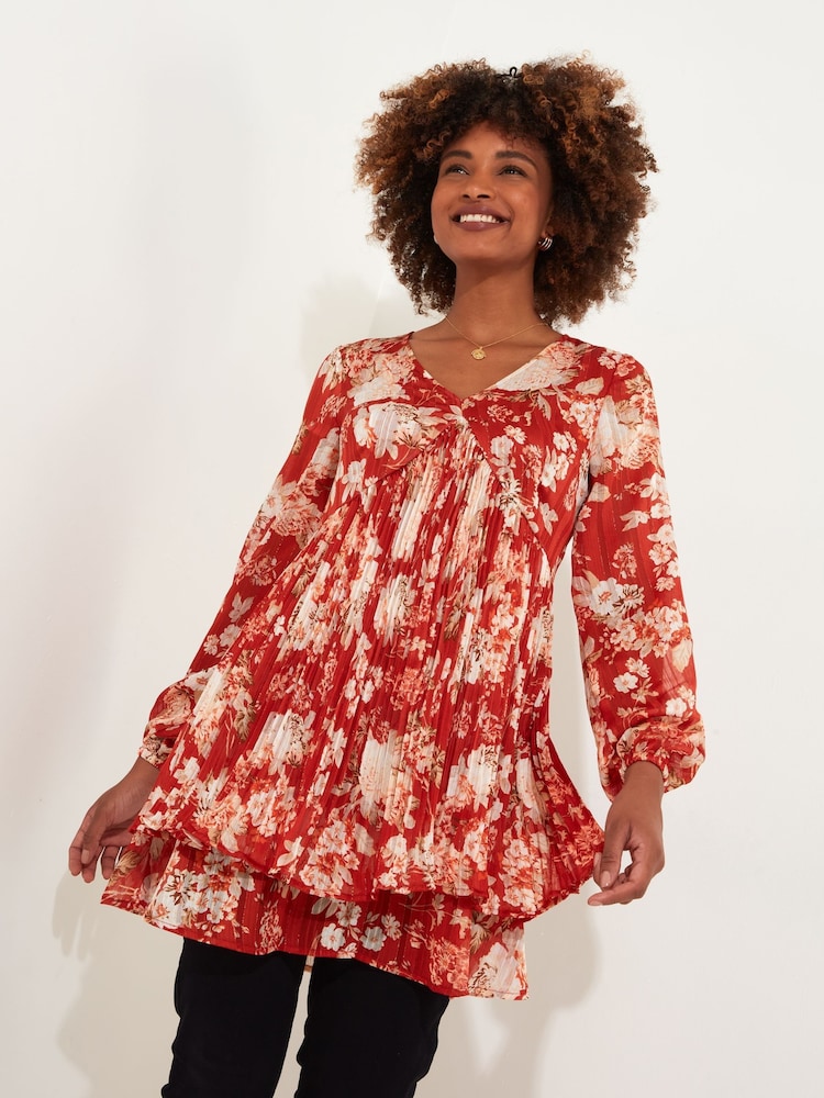 Joe Browns Orange Fiery Floral Tiered Hem Plissé V-Neck Tunic Mini Dress - Image 2 of 7