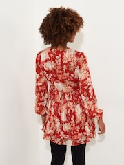 Joe Browns Orange Fiery Floral Tiered Hem Plissé V-Neck Tunic Mini Dress - Image 3 of 7