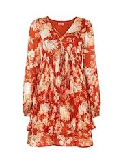 Joe Browns Orange Fiery Floral Tiered Hem Plissé V-Neck Tunic Mini Dress - Image 7 of 7