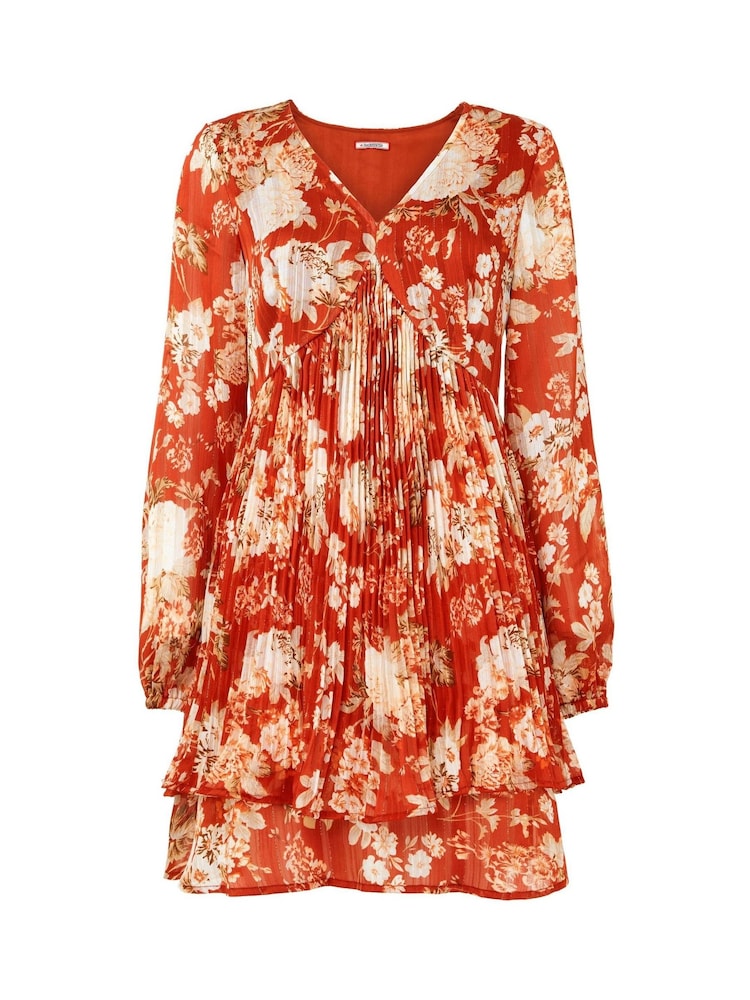 Joe Browns Orange Fiery Floral Tiered Hem Plissé V-Neck Tunic Mini Dress - Image 7 of 7