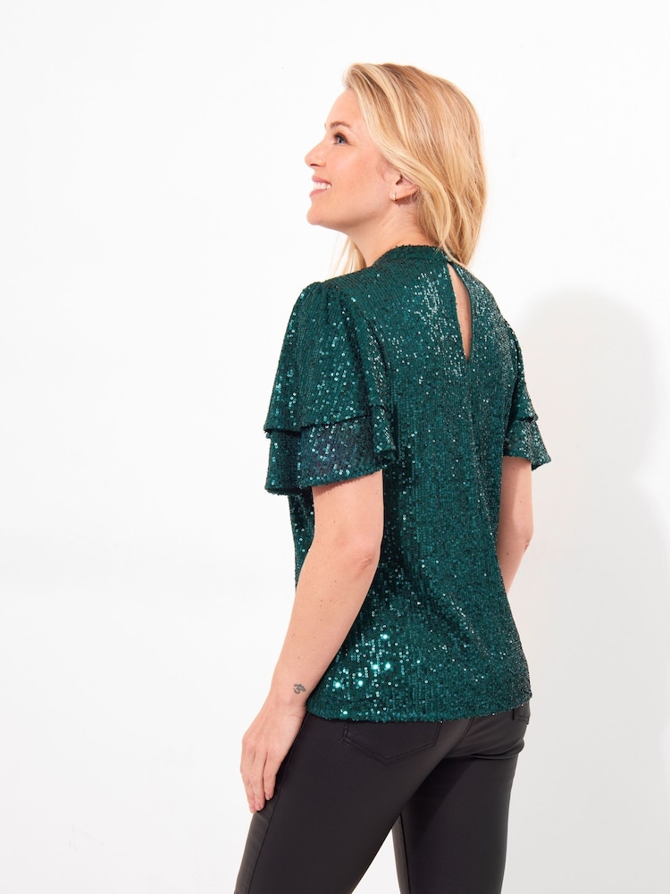 Joe Browns Green Pleated Flutter Sleeve Sequin Mesh Top - Image 2 of 5