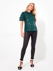Joe Browns Green Pleated Flutter Sleeve Sequin Mesh Top - Image 3 of 5