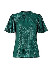 Joe Browns Green Pleated Flutter Sleeve Sequin Mesh Top - Image 5 of 5