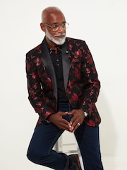 Joe Browns Black Poinsettia Print Shawl Collar Blazer with Satin Trims - Image 1 of 5