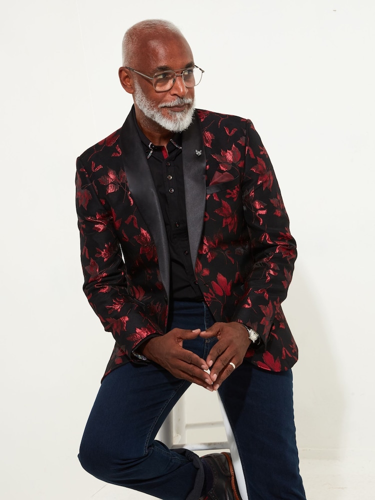 Joe Browns Black Poinsettia Print Shawl Collar Blazer with Satin Trims - Image 1 of 5
