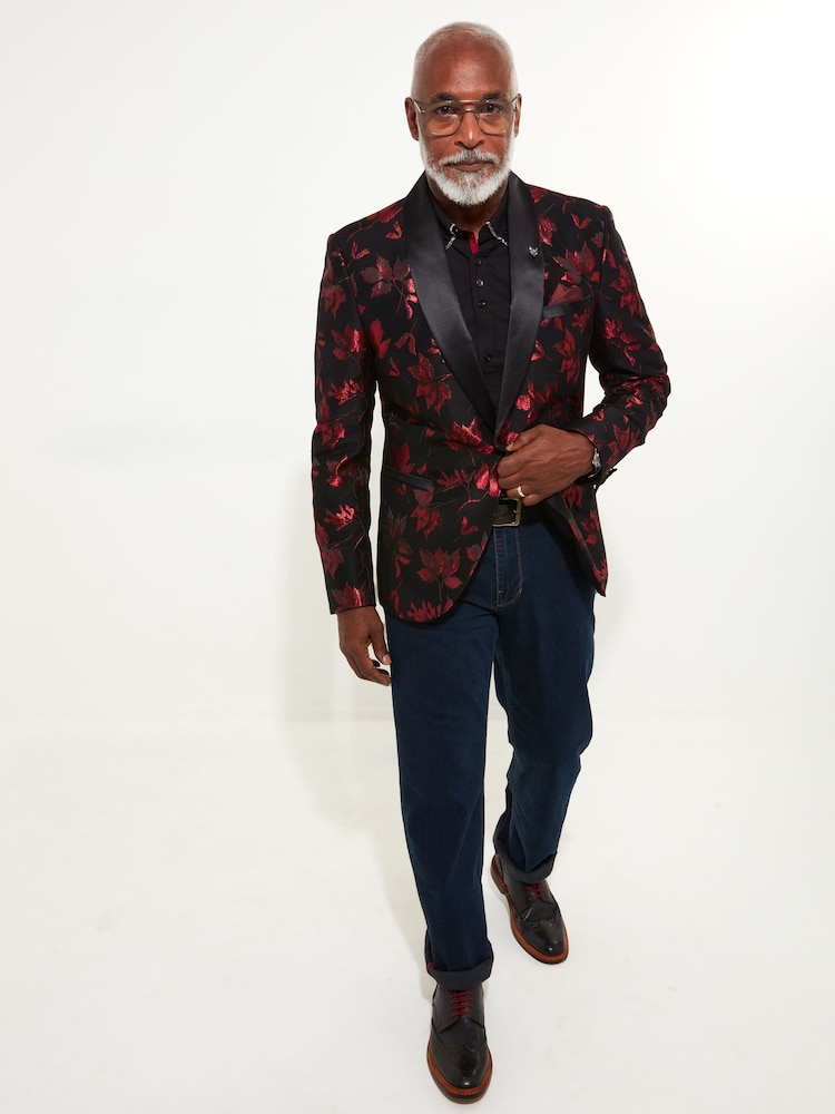 Joe Browns Black Poinsettia Print Shawl Collar Blazer with Satin Trims - Image 2 of 5