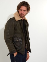 Joe Browns Brown Real Sheepskin Borg Collared Aviator Leather Jacket - Image 2 of 7