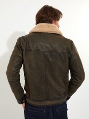 Joe Browns Brown Real Sheepskin Borg Collared Aviator Leather Jacket - Image 4 of 7