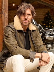 Joe Browns Brown Real Sheepskin Borg Collared Aviator Leather Jacket - Image 5 of 7
