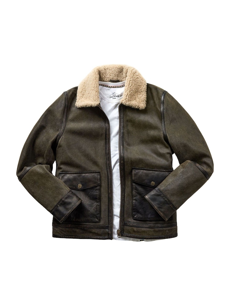 Joe Browns Brown Real Sheepskin Borg Collared Aviator Leather Jacket - Image 7 of 7