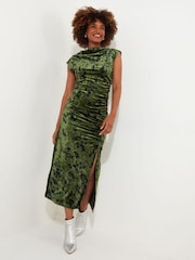 Joe Browns Green Flattering Ruched Cowl Neck Flocked Velour Bodycon Midi Dress - Image 1 of 5