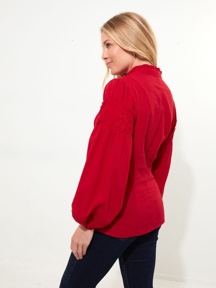 Joe Browns Red Frilly Neck Broderie Embroidered Long Sleeve Blouse - Image 2 of 5