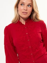 Joe Browns Red Frilly Neck Broderie Embroidered Long Sleeve Blouse - Image 4 of 5