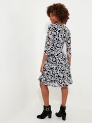 Joe Browns Black Denim Floral Lace Zip V-Neck 3/4 Sleeve Skater Dress - Image 4 of 5