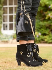 Joe Browns Gold Floral Print Embroidered Velvet Ankle Boots with Ribbon Laces - Image 1 of 7
