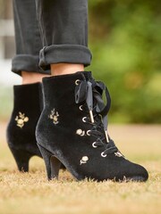Joe Browns Gold Floral Print Embroidered Velvet Ankle Boots with Ribbon Laces - Image 2 of 7