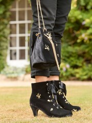 Joe Browns Gold Floral Print Embroidered Velvet Ankle Boots with Ribbon Laces - Image 3 of 7