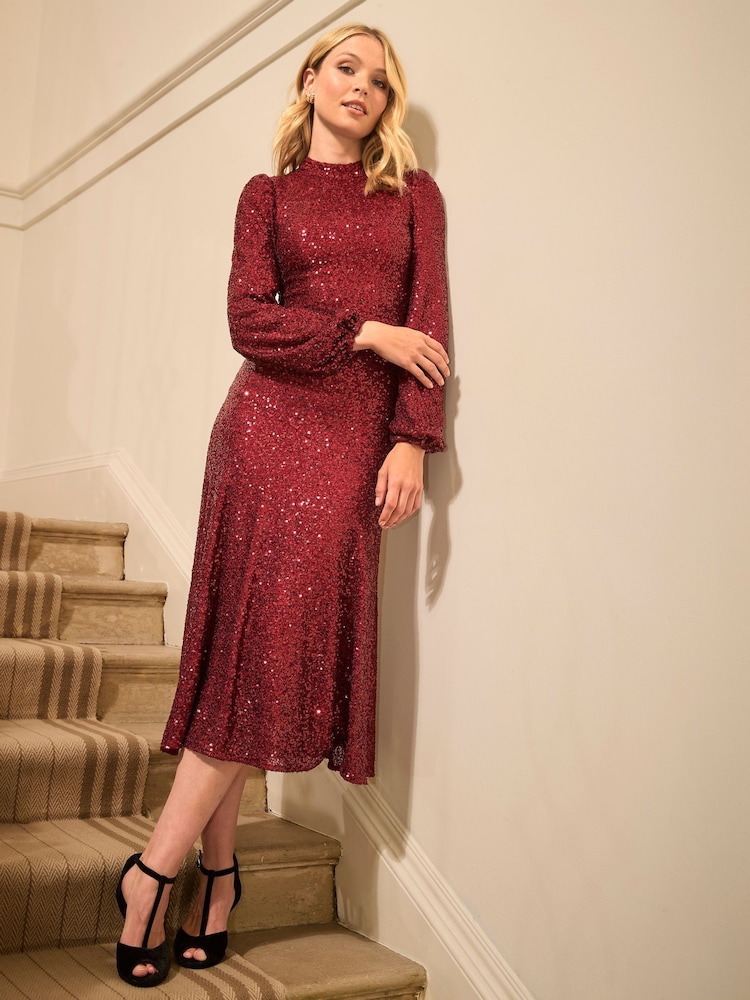 Joe Browns Red Full Sequin High Neck Long-Sleeved Midi Dress - Image 2 of 8