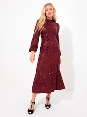 Joe Browns Red Full Sequin High Neck Long-Sleeved Midi Dress - Image 3 of 8
