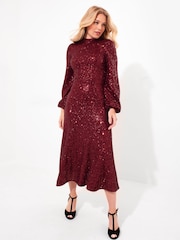 Joe Browns Red Full Sequin High Neck Long-Sleeved Midi Dress - Image 4 of 8