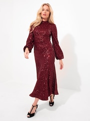 Joe Browns Red Full Sequin High Neck Long-Sleeved Midi Dress - Image 6 of 8