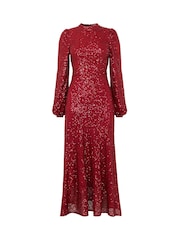 Joe Browns Red Full Sequin High Neck Long-Sleeved Midi Dress - Image 8 of 8