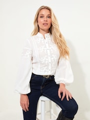 Joe Browns White Frilly Neck Broderie Embroidered Long Sleeve Blouse - Image 1 of 5