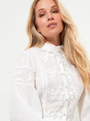 Joe Browns White Frilly Neck Broderie Embroidered Long Sleeve Blouse - Image 4 of 5