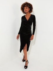 Joe Browns Black Velour Long-Sleeved Wrap Dress with Flattering Side Ruching - Image 1 of 5