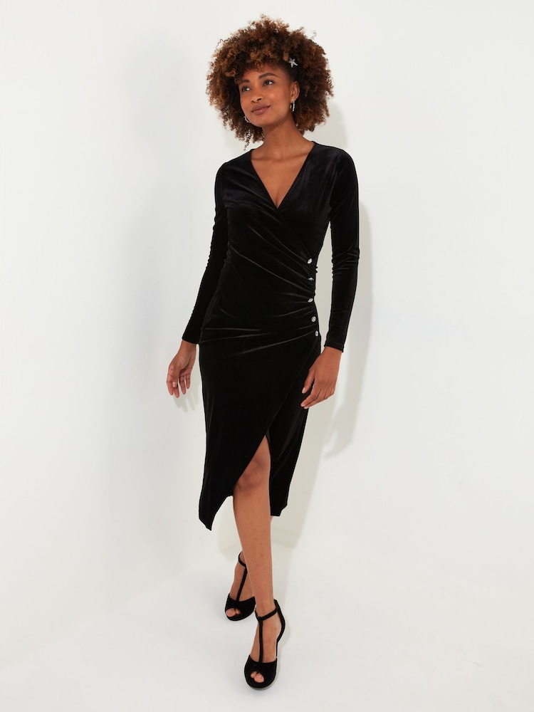Joe Browns Black Velour Long-Sleeved Wrap Dress with Flattering Side Ruching - Image 1 of 5
