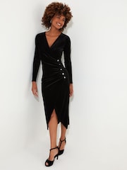 Joe Browns Black Velour Long-Sleeved Wrap Dress with Flattering Side Ruching - Image 2 of 5