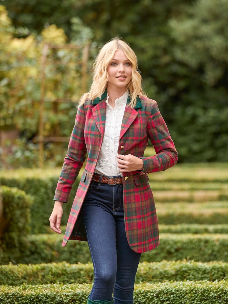 Joe Browns Red Longline Velour Trim Check Coat - Image 1 of 7 Joe Browns Red Longline Velour Trim Check Coat - Image 1 of 7