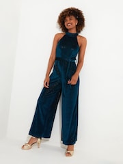 Joe Browns Blue Halterneck Wide Leg Velour Jumpsuit - Image 4 of 7