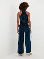 Joe Browns Blue Halterneck Wide Leg Velour Jumpsuit - Image 5 of 7