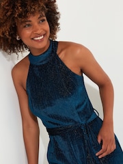 Joe Browns Blue Halterneck Wide Leg Velour Jumpsuit - Image 6 of 7